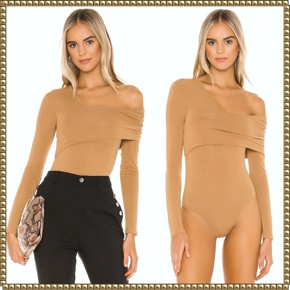 BCBGMaxAzria Camel One-Shoulder Long-Sleeve Bodysuit